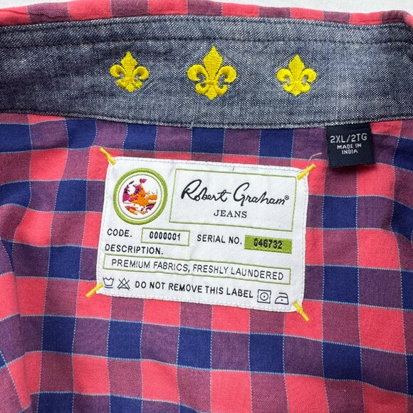 Robert Graham Shirt Men's 2XL Red and Blue Plaid Serial Number 046732 - Picture 5 of 6